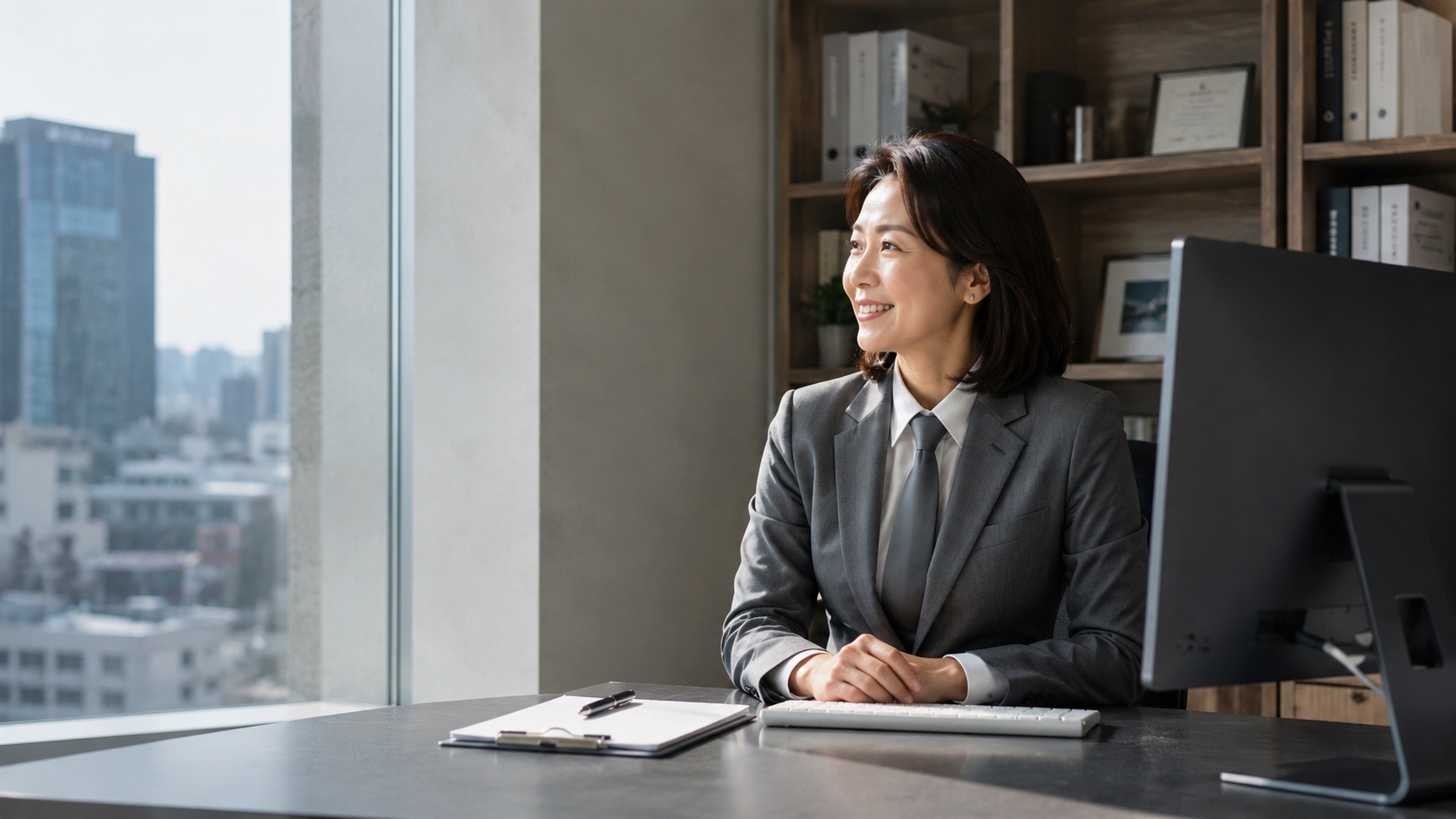 사무실에서 창밖을 바라보는 상담 담당자